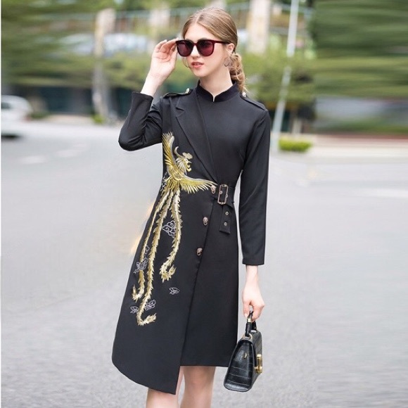 Golden Phoenix Black Embroidery Asymmetrical Dress - Picture 4 of 8